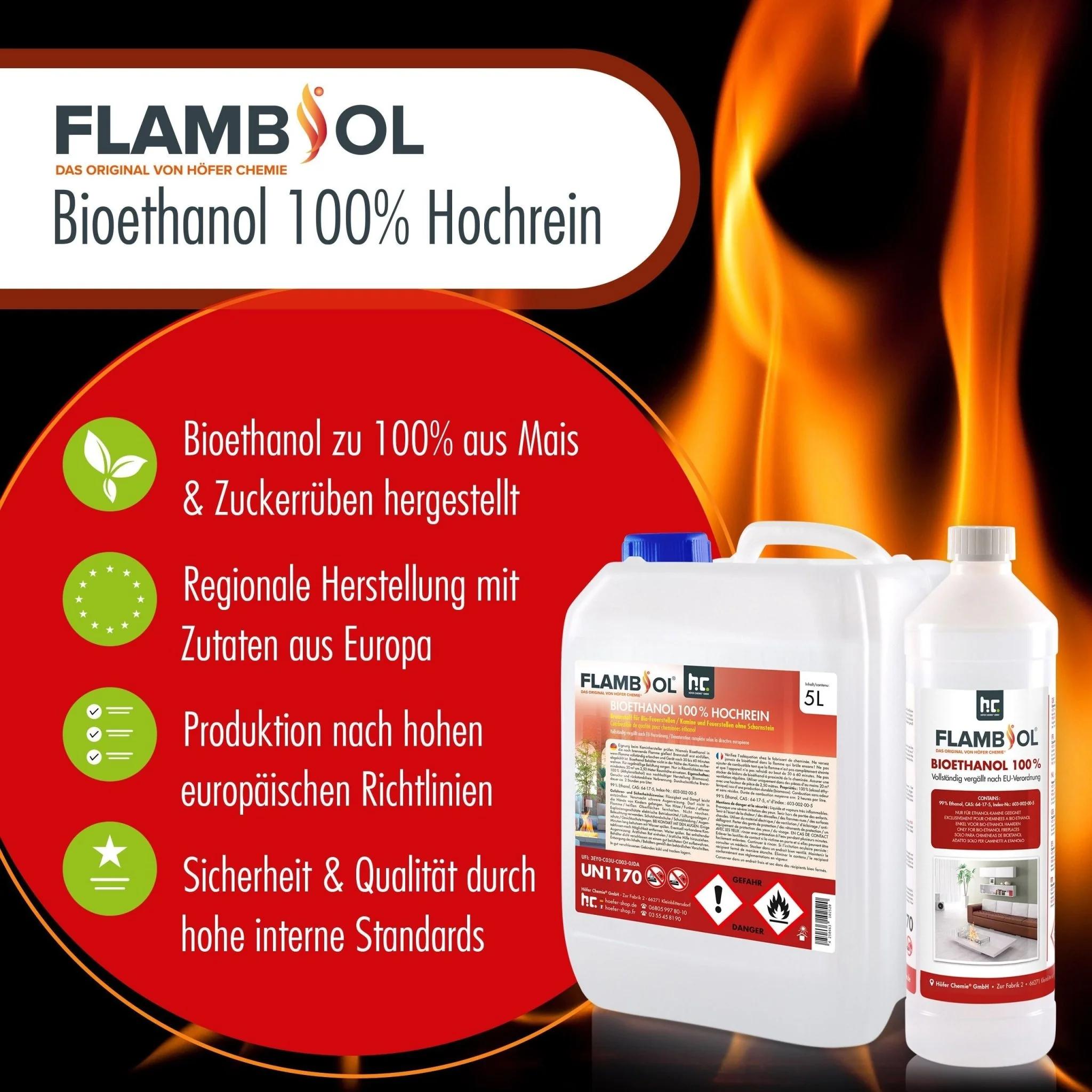 1 L FLAMBIOL® Bioethanol Hochrein 100 % in Flaschen für Edelstahl-Tisch-Kamine - Image 12