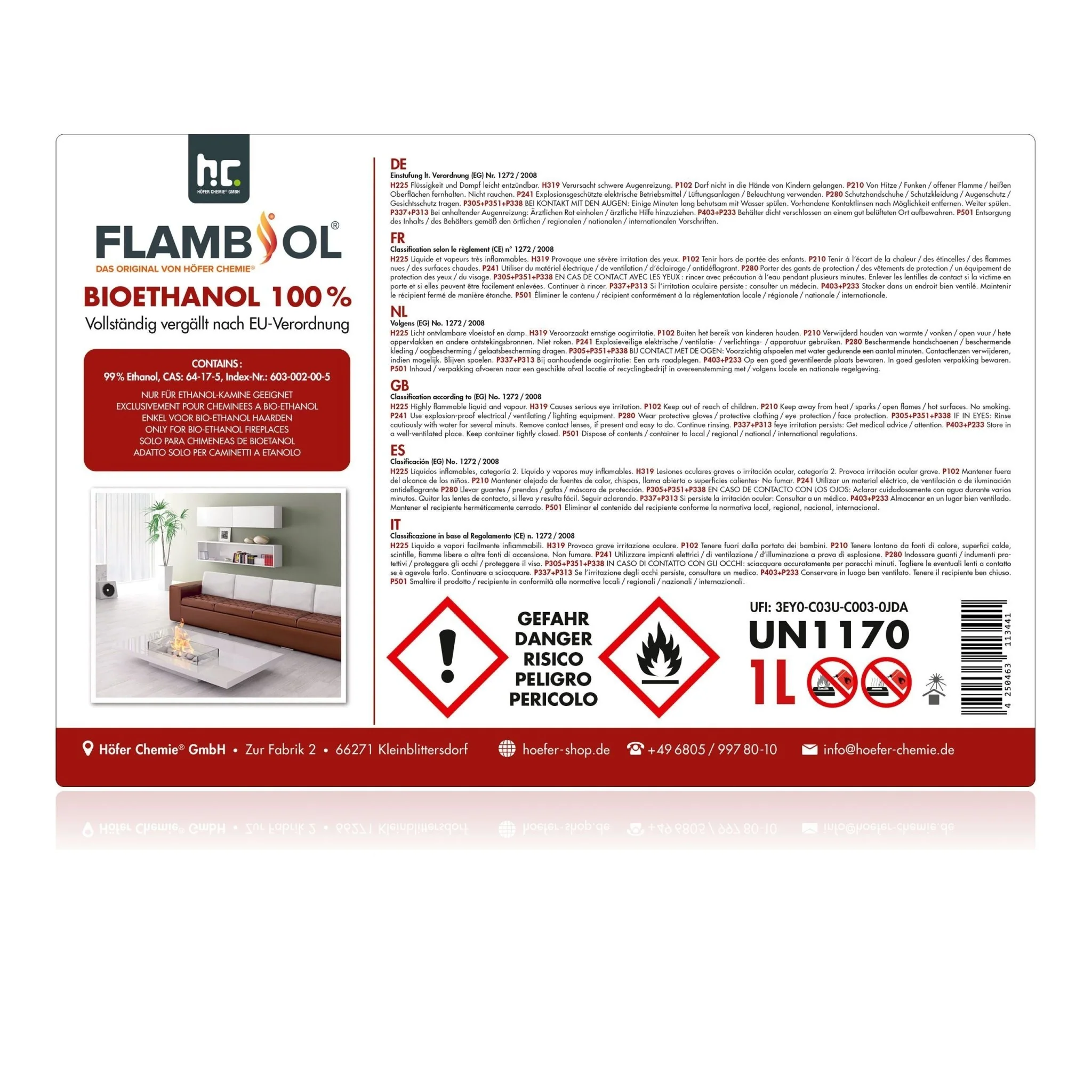 1 L FLAMBIOL® Bioethanol Hochrein 100 % in Flaschen für Edelstahl-Tisch-Kamine - Image 16