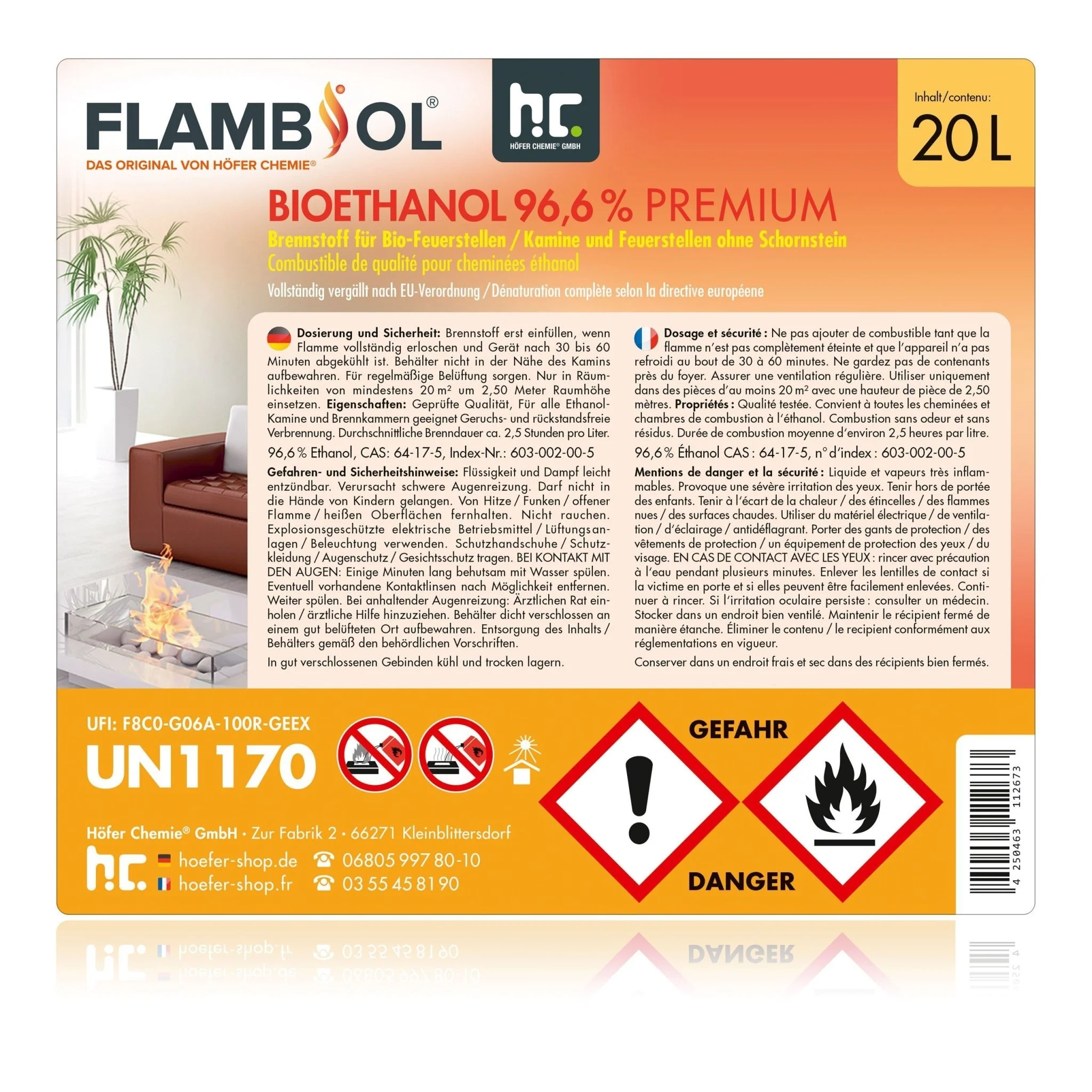 20 L FLAMBIOL® Bioethanol 96,6% Premium für Ethanolkamin in Kanistern - Image 14