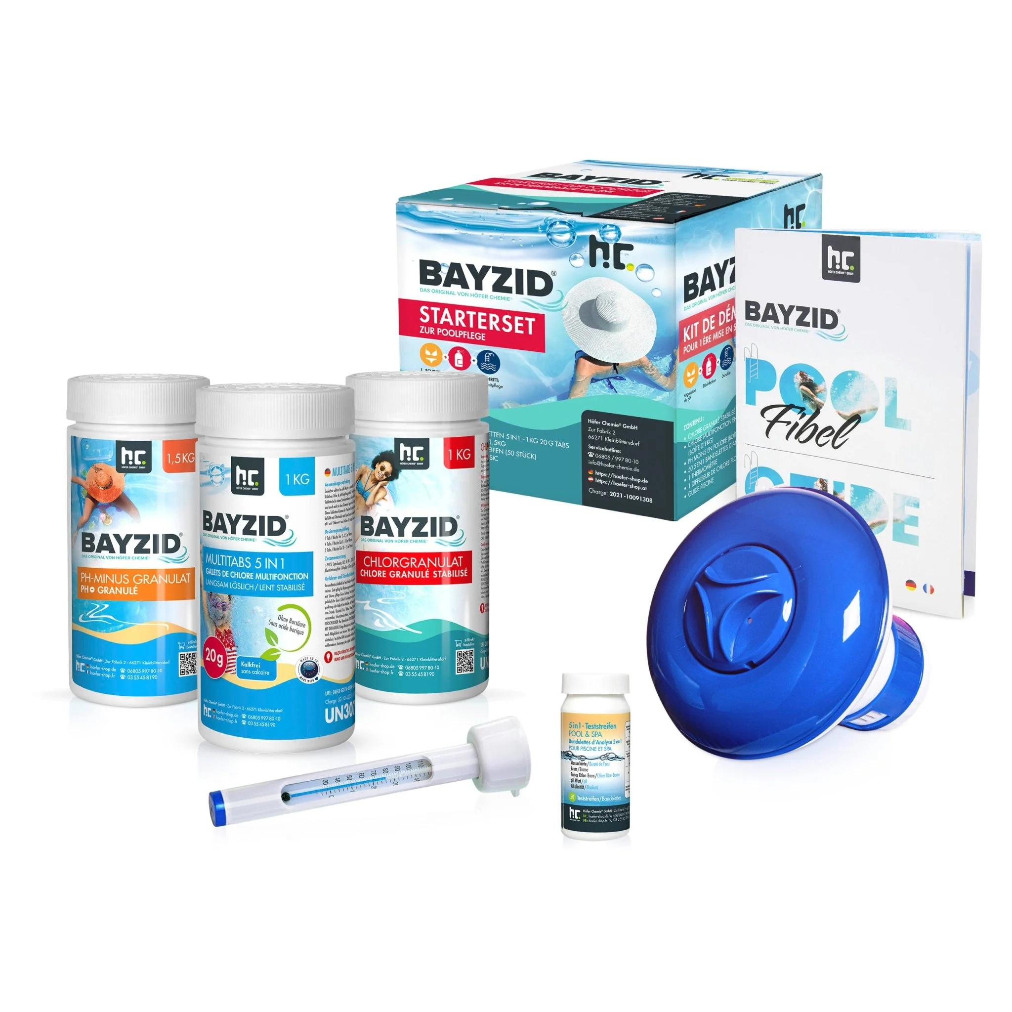 BAYZID® Pool Wasserpflege Starterset 7-tlg durch Chlor, PH Minus und Multitabs